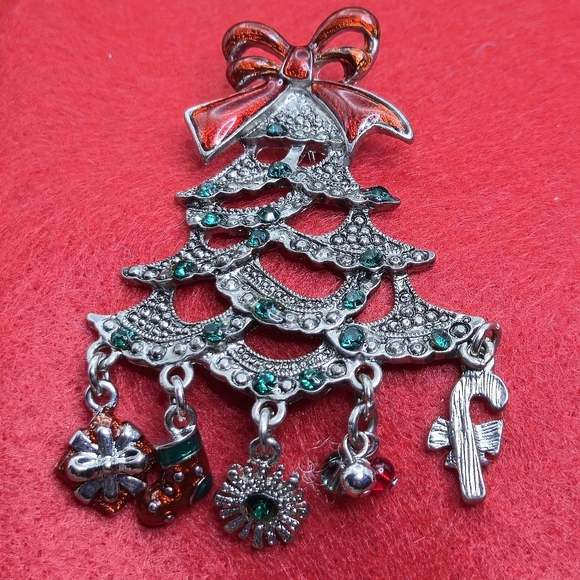 Festive Silver and Red Christmas Tree Brooch by KC - Picture 1 of 4